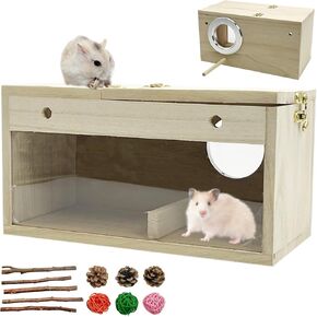 Hamiledyi Hamster Hideout, Wooden Hamster House Syrian Hamster Hideout with Acrylic Panel & Chew Toys Small Animals House Habitat Decor Secret Peep Shed for Dwarf Hamsters Gerbils Mice Lemmings
