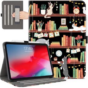 iPad Air 13 inch Case M2 2024, iPad Pro 12.9 6th/5th/4th/3rd Generation Case with Pencil Holder Multi-Angle View Adjustable Stand Shockproof with Pocket/Hand Strap/Auto Wake Sleep, Bookshelf Cat