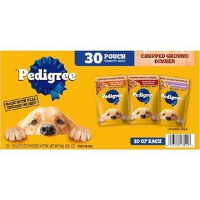 PEDIGREE CHOPPED GROUND DINNER طعام الكلاب الرطب الناعم للبالغين، مجموعة متنوعة من 30 قطعة، أكياس 3.5 أونصة