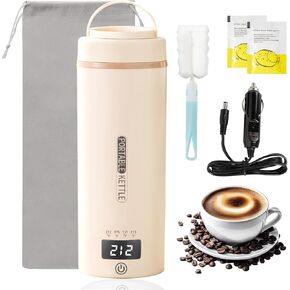 12V Travel Electric Kettle for Car Portable Small Mini Tea Coffee Kettle Water Boiler, Water Heater with 4 Temperature Control (Cream)