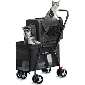 Pet Stroller Double Deck 4 Wheels - Easy-Fold Dog Cat Stroller for Small Medium Dog Cats Carrier, Travel Folding Carrier Breathable and Visible Mesh with Cup Holder (Black)