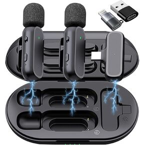 2 Pack Professional Wireless Lavalier Microphone for Android, iPhone iPad with Adapter Included Noise Reduction Plug-Play Clip on Lapel Mic for YouTube, Recording, Vlog, Facebook Live Streaming