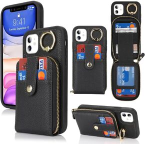 for iPhone 11 Case with Card Holder,iPhone 11 Wallet Case for Women Men,Leather Zipper Stand Ring Phone Case with Coin Pocket-Purple