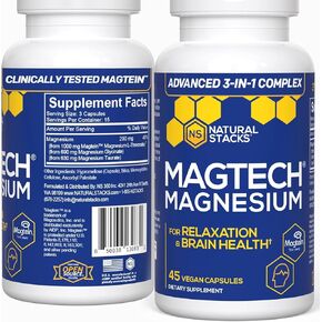 Natural Stacks MagTech Magnesium Supplement - Chelated Magnesium Complex - 3 Forms of Magnesium: Magtein Magnesium L-Threonate, Glycinate & Taurate - Supports Relaxation & Brain Health*, 45 Capsules