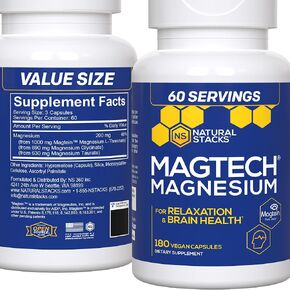 مكدسات طبيعية مكمل المغنيسيوم MagTech - مركب المغنيسيوم المخلبي - 3 أشكال من المغنيسيوم: Magtein Magnesium L-Threonate، Glycinate و Taurate - يدعم الاسترخاء وصحة الدماغ *، 45 كبسولة