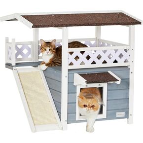 Petsfit سقف متين لبيت القطط في الهواء الطلق مقاوم للطقس مع باب الهروب أو الدرج أو لوح الخدش، تصميم من طابقين مثالي للقطط المتعددة، خارج بيت القطط باللون الرمادي