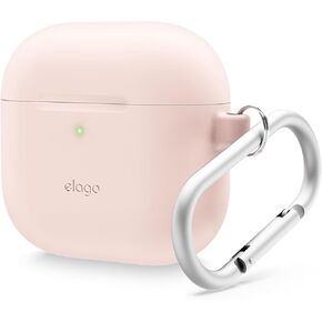 elago Silicone Case Compatible with AirPods 4 Case - Carabiner Included, Supports Wireless Charging, Shock Resistant, Full Protection, Headphone Accessories (Sand Pink)
