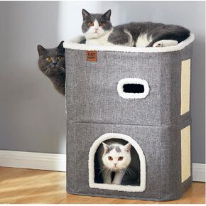 CATBOAT 2-Storey Cat House for Indoor Cats Bed, Covered Cat Cave Beds & Furniture with Scratch Pad and Hideaway Cave, Cute Modern Cat Condo for Multi Small Pet Large Kitten Kitty, Grey