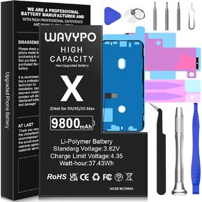 WAVYPO [9800mAh] Battery for iPhone X, Upgraded New Version High Capacity 0 Cycle Battery Replacement for iPhone X A1865, A1901, A1902 with Full Replacement Tool Kit and Instruction