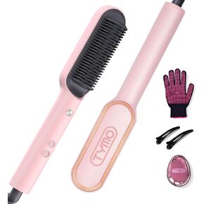 TYMO Ring Pink Hair Straightener Brush – Hair Straightening Iron with Built-in Comb, 20s Fast Heating & 5 Temp Settings & Anti-Scald, Perfect for Professional Salon at Home