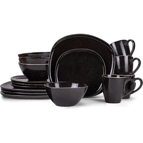 Elanze Designs 16-Piece Modern Luxury Chic Smooth Vintage Handmade Shape High Gloss Ceramic Stoneware Square Plate Mug & Bowl Kitchen Dinnerware 16 Piece Set - Service for 4, White