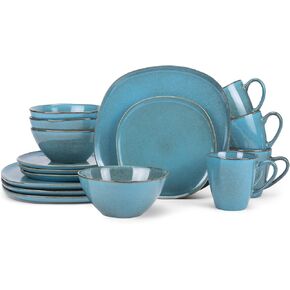 Elanze Designs 16-Piece Modern Luxury Chic Smooth Vintage Handmade Shape High Gloss Ceramic Stoneware Square Plate Mug & Bowl Kitchen Dinnerware 16 Piece Set - Service for 4, White
