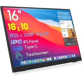 Touchscreen Portable Monitor 16 Inch FHD 1920x1200P Monitor USB C HDMI Monitor HDR IPS Display, External Monitor for PC Computer PS4 PS5 Xbox Built-in Speakers