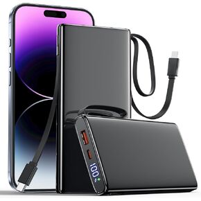 Portable Charger With Built in Cables 10000mAh - 22.5W Slim USB C Power Bank Fast Charging 2 Input 4 Output, LED Display External Battery Pack Charger Portable Phone Charger for iPhone Samsung, Red.