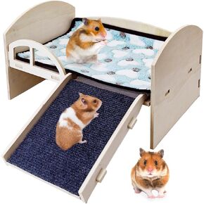 kathson Guinea Pig Hideout Wood Castle, 2 Tierd Sturdy Small Animal House Bed Hut Habitats with Stairs and Mat for Hamster Chinchilla Ferret Playing Hiding Sleeping