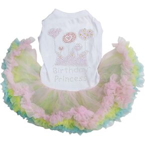 Petitebella Rhinestones Crown Birthday Princess Puppy Dog Dress (White/Rainbow, XXX-Large)