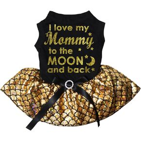 Petitebella I Love My Mommy to The Moon and Back Puppy Dog Dress (Black/Gold, Small)