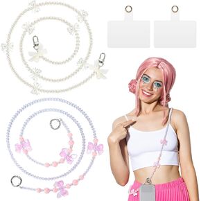 2 Set Coquette Crossbody Cellphone Strap with Phone Tether Patches Detachable Beaded Cell Phone Chain Women Anti Theft Pearl Phone Lanyard for Most Smartphones Bag Purse