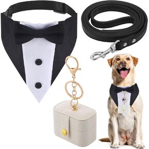 3 Pcs Dog Wedding Collar Outfit Include Dog Tuxedo Wedding Ring Bearer Wedding Ring Holder Pouch Box Adjustable Dog Neck Bow Tie with Leash for Pet Wedding(Tuxedo Style,L)