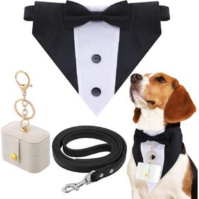 3 Pcs Dog Wedding Collar Outfit Include Dog Tuxedo Wedding Ring Bearer Wedding Ring Holder Pouch Box Adjustable Dog Neck Bow Tie with Leash for Pet Wedding(Tuxedo Style,L)