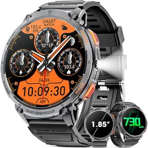 Military Smart Watch for Men 1.85" HD Touch Screen 730mAh Battery Smart Watches with LED Flashlight for Android iOS （Bluetooth Call Answer/Dial Calls） Fitness Tracker with Heart Rate Blood
