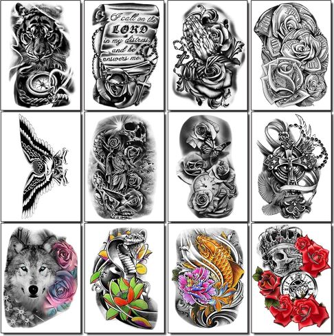 Yazhiji 36 Sheets Temporary Tattoos Stickers, 12 Sheets Fake Body Arm Chest Shoulder Tattoos for Men or Women with 24 Sheets Tiny Black in Saudi Arabia