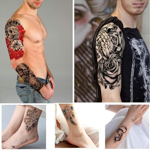 Yazhiji 36 Sheets Temporary Tattoos Stickers, 12 Sheets Fake Body Arm Chest Shoulder Tattoos for Men or Women with 24 Sheets Tiny Black in Saudi Arabia