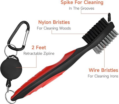 QUMOX Pack of 2 Golf Club Brush Groove Cleaner with 2 Ft Retractable Zip-line and Aluminum Carabiner Cleaning Tools, Easily Attaches to Golf Bag in Saudi Arabia