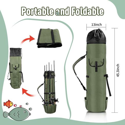 Fishing Pole Bag, 600D PVC Oxford Cloth Fishing Rod Carrier, Fishing Reel Bag for 5 Fishing Rods and Tackle, Fishing Gift for Father, Men, Women and Friends, Suitable for Outdoor Activities in Saudi Arabia