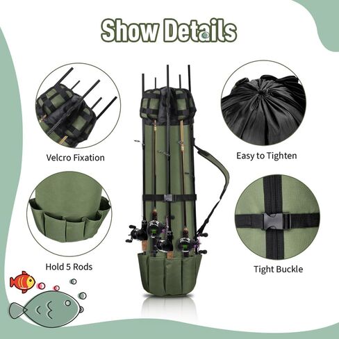 Fishing Pole Bag, 600D PVC Oxford Cloth Fishing Rod Carrier, Fishing Reel Bag for 5 Fishing Rods and Tackle, Fishing Gift for Father, Men, Women and Friends, Suitable for Outdoor Activities in Saudi Arabia