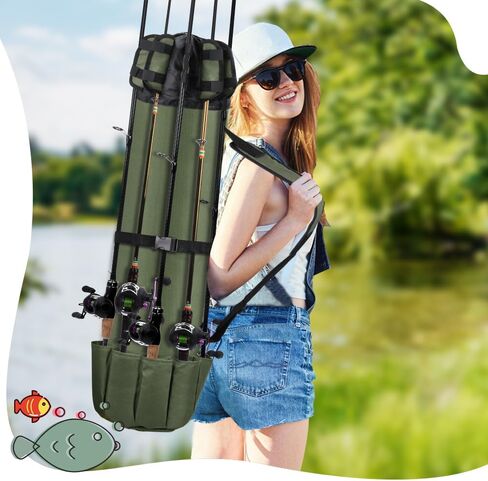 Fishing Pole Bag, 600D PVC Oxford Cloth Fishing Rod Carrier, Fishing Reel Bag for 5 Fishing Rods and Tackle, Fishing Gift for Father, Men, Women and Friends, Suitable for Outdoor Activities in Saudi Arabia