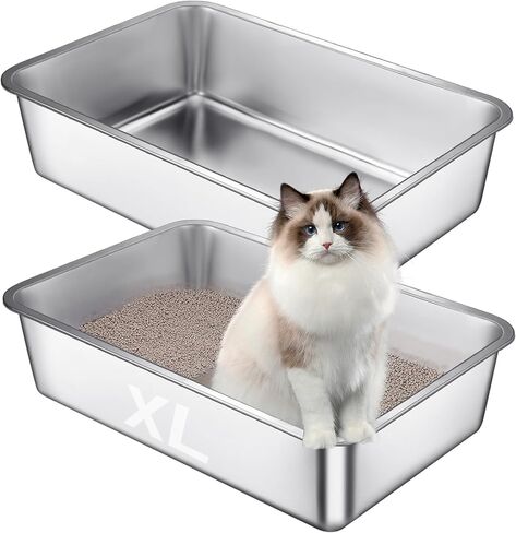 صندوق فضلات القطط من الفولاذ المقاوم للصدأ مقاس XL - 23.6 بوصة × 15.7 بوصة × 6 بوصة، صندوق فضلات معدني قوي للقطط، سهل التنظيف، بدون رائحة، سطح أملس غير لزج مع جانب مرتفع للقطط الكبيرة in Kuwait
