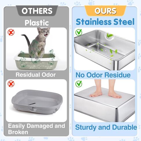 صندوق فضلات القطط من الفولاذ المقاوم للصدأ مقاس XL - 23.6 بوصة × 15.7 بوصة × 6 بوصة، صندوق فضلات معدني قوي للقطط، سهل التنظيف، بدون رائحة، سطح أملس غير لزج مع جانب مرتفع للقطط الكبيرة in Kuwait