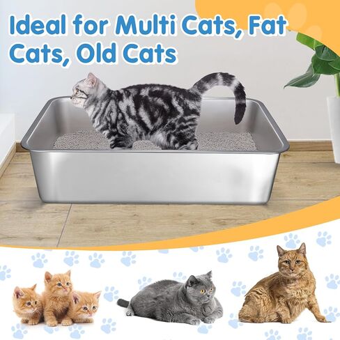صندوق فضلات القطط من الفولاذ المقاوم للصدأ مقاس XL - 23.6 بوصة × 15.7 بوصة × 6 بوصة، صندوق فضلات معدني قوي للقطط، سهل التنظيف، بدون رائحة، سطح أملس غير لزج مع جانب مرتفع للقطط الكبيرة in Kuwait