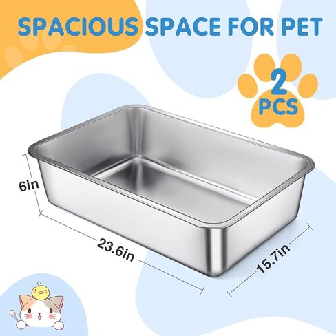 صندوق فضلات القطط من الفولاذ المقاوم للصدأ مقاس XL - 23.6 بوصة × 15.7 بوصة × 6 بوصة، صندوق فضلات معدني قوي للقطط، سهل التنظيف، بدون رائحة، سطح أملس غير لزج مع جانب مرتفع للقطط الكبيرة in Kuwait