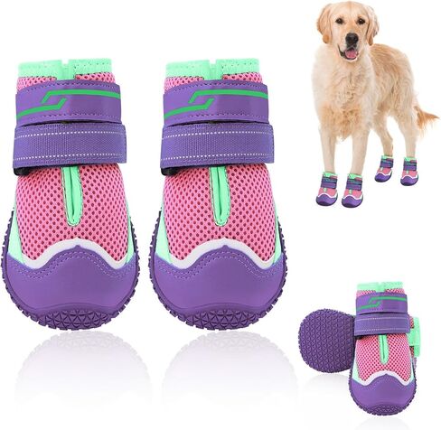HIGO Dog Shoes for Hot Pavement, 4 Pack Non-Slip Dog Booties, Reflective Dog Boots with Soft Skid-Resistant Soles, Breathable Dog Paw Protector for Outdoor Walking (Purple, #6) in Kuwait