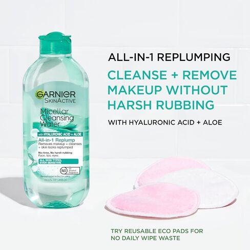Garnier SkinActive Micellar Water with Hyaluronic Acid, Facial Cleanser & Makeup Remover, 13.5 Fl Oz (400mL), 2 Count (Packaging May Vary) in Saudi Arabia