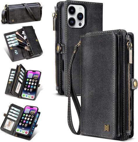 for iPhone 16 Pro Max Wallet Case(Holds Lipstick, Headphones, etc.),2-in-1 Multi-Functional Portable Magnetic Faux Leather Phone Case with RFID Blocking,Shoulder Strap and Wrist Strap(Black) in Kuwait