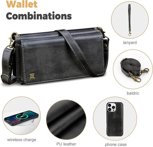 for iPhone 16 Pro Max Wallet Case(Holds Lipstick, Headphones, etc.),2-in-1 Multi-Functional Portable Magnetic Faux Leather Phone Case with RFID Blocking,Shoulder Strap and Wrist Strap(Black) in Kuwait