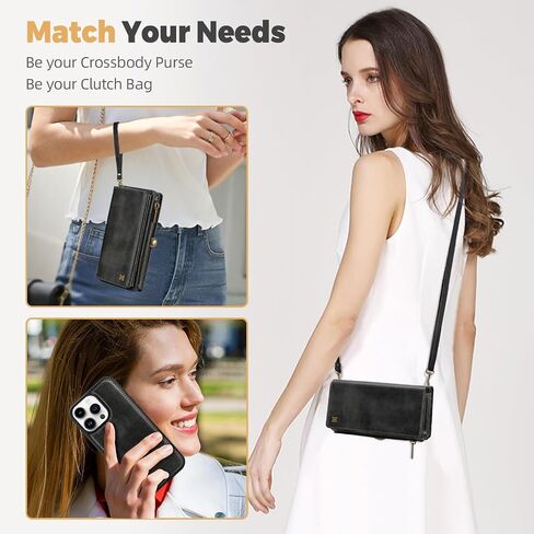 for iPhone 16 Pro Max Wallet Case(Holds Lipstick, Headphones, etc.),2-in-1 Multi-Functional Portable Magnetic Faux Leather Phone Case with RFID Blocking,Shoulder Strap and Wrist Strap(Black) in Kuwait