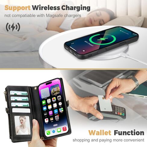 for iPhone 16 Pro Max Wallet Case(Holds Lipstick, Headphones, etc.),2-in-1 Multi-Functional Portable Magnetic Faux Leather Phone Case with RFID Blocking,Shoulder Strap and Wrist Strap(Black) in Kuwait