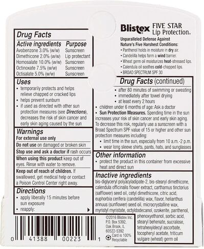 Blistex Five Star Lip Protection Lip Balm, 0.15 Ounce – Wind & Water-Resistant Lip Care, Broad Spectrum SPF 30 Sun Protection, Soothes Cold Chapped Lips, Hydrating Lip Treatment, Holds in Moisture in Saudi Arabia