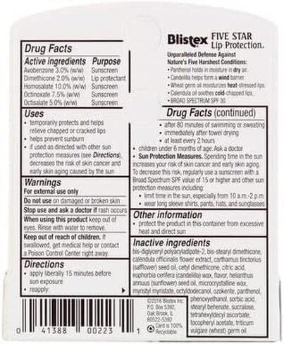 Blistex Five Star Lip Protection Lip Balm, 0.15 Ounce – Wind & Water-Resistant Lip Care, Broad Spectrum SPF 30 Sun Protection, Soothes Cold Chapped Lips, Hydrating Lip Treatment, Holds in Moisture in Saudi Arabia