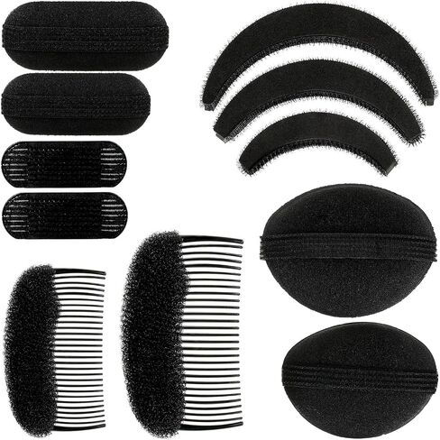 11 Pieces Sponge Volume Hair Bases Set Bump it Up Inserts Hair Styling Tools Bump Up Combs Clips Sponge Hair Bun Updo Accessories for Women Girl DIY Hairstyles (Black, Brown) in Saudi Arabia
