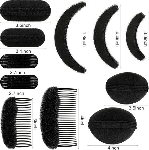 11 Pieces Sponge Volume Hair Bases Set Bump it Up Inserts Hair Styling Tools Bump Up Combs Clips Sponge Hair Bun Updo Accessories for Women Girl DIY Hairstyles (Black, Brown) in Saudi Arabia