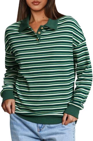 WIHOLL Sweatshirts for Women Fall Long Sleeve Polo Neck Shirts 2024 Colorblock Striped Drop Shoulder Pullover Cute Y2K Outfit in Saudi Arabia