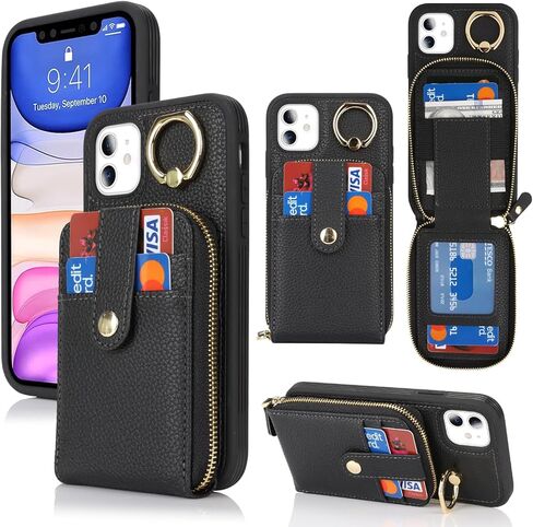 حافظة لهاتف آيفون 11 مع حامل بطاقة، حافظة محفظة آيفون 11 للنساء والرجال، حافظة هاتف جلدية بسحاب وحامل مع جيب للعملات المعدنية - أرجواني in Kuwait