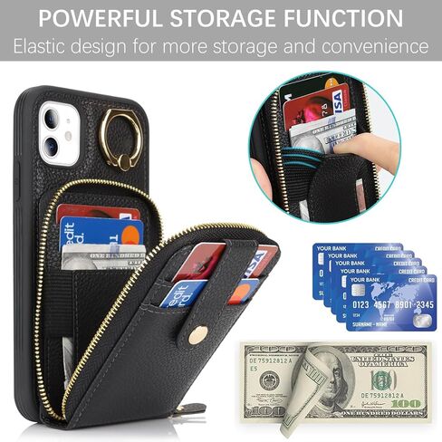 حافظة لهاتف آيفون 11 مع حامل بطاقة، حافظة محفظة آيفون 11 للنساء والرجال، حافظة هاتف جلدية بسحاب وحامل مع جيب للعملات المعدنية - أرجواني in Kuwait