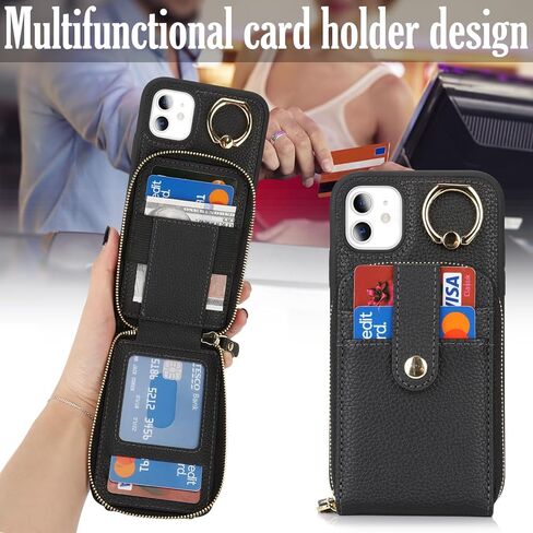 حافظة لهاتف آيفون 11 مع حامل بطاقة، حافظة محفظة آيفون 11 للنساء والرجال، حافظة هاتف جلدية بسحاب وحامل مع جيب للعملات المعدنية - أرجواني in Kuwait