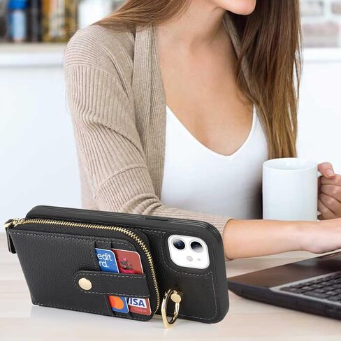 حافظة لهاتف آيفون 11 مع حامل بطاقة، حافظة محفظة آيفون 11 للنساء والرجال، حافظة هاتف جلدية بسحاب وحامل مع جيب للعملات المعدنية - أرجواني in Kuwait